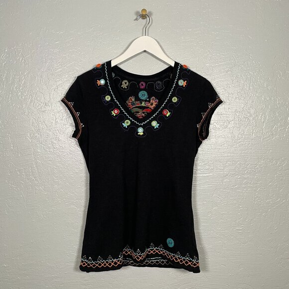 Double D Ranch Tops - Double D Ranch Women M Black Embroidered Embellished T-Shirt Cotton Western